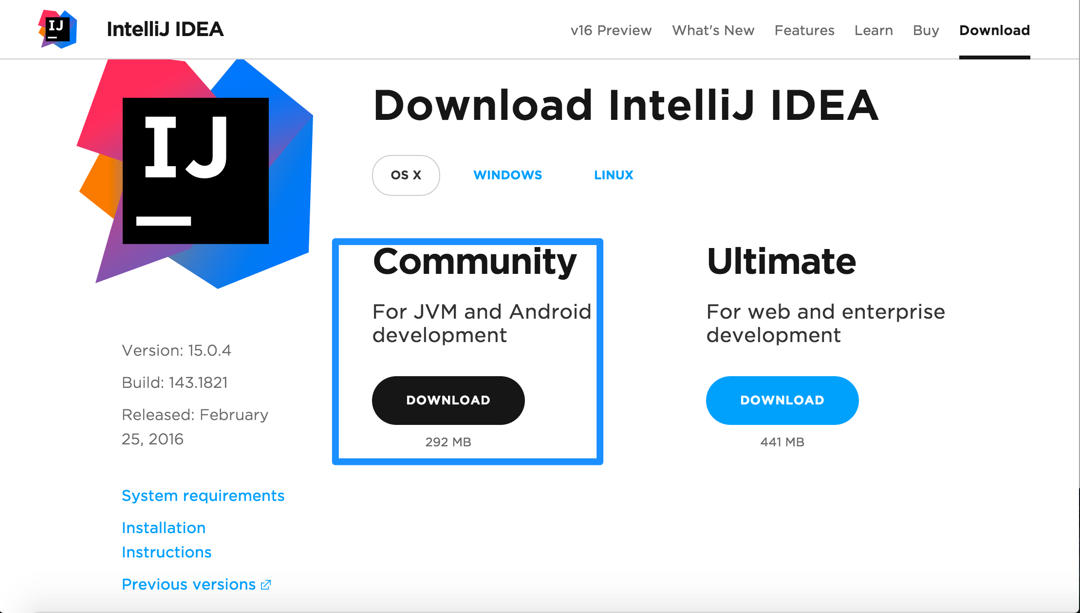 IntelliJ IDEAのダウンロードページ